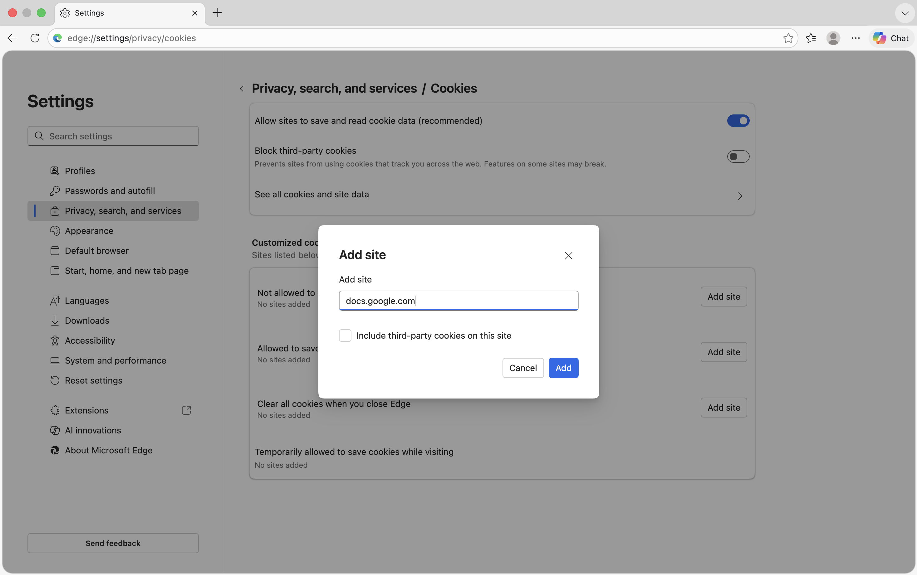 Add site dialog with docs.google.com entered